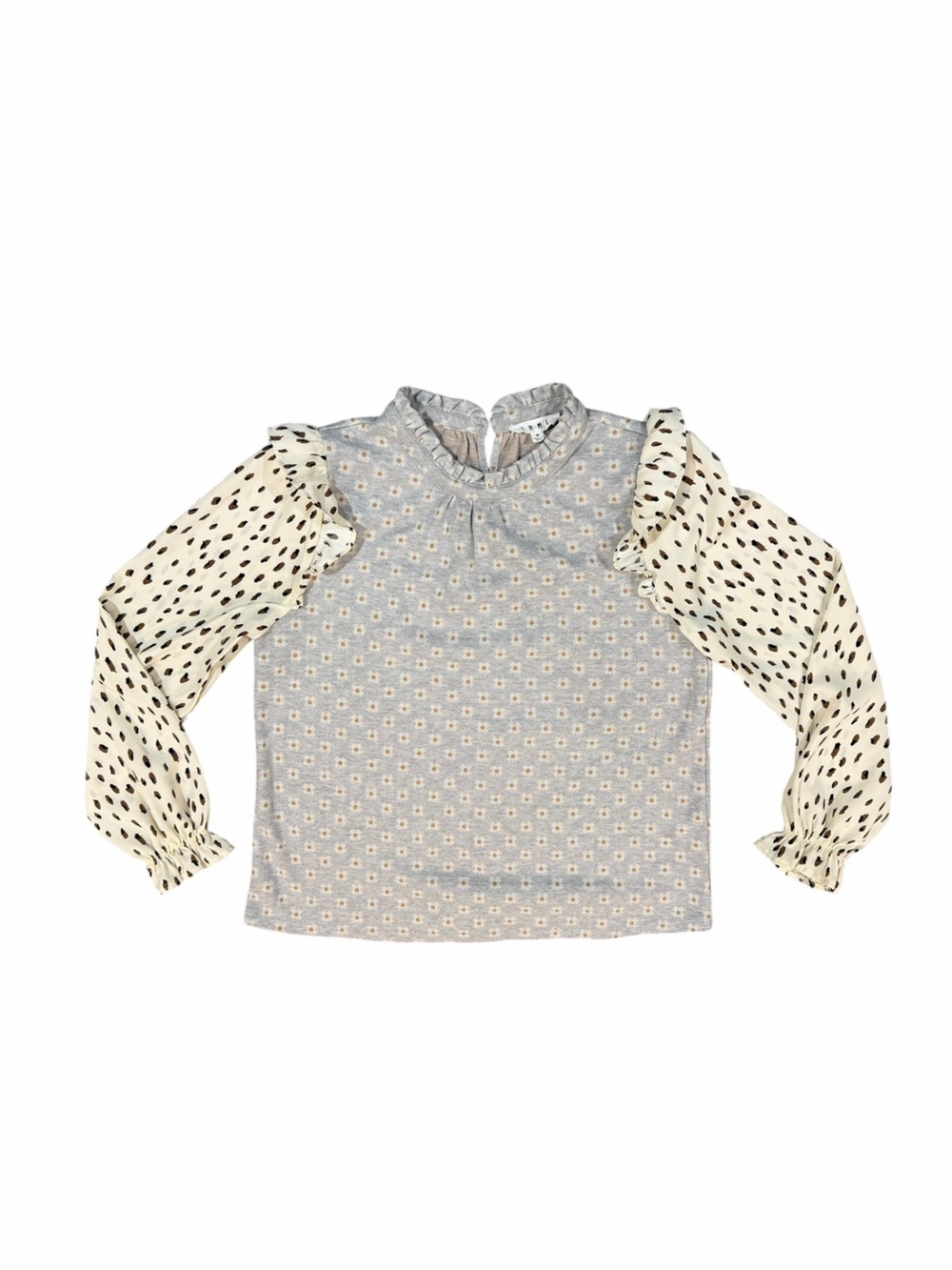 THML Mixed Print Ruffle Sleeve Top | Daisy Floral Knit | Leopard Chiffon Sleeves - Picture 3 of 12